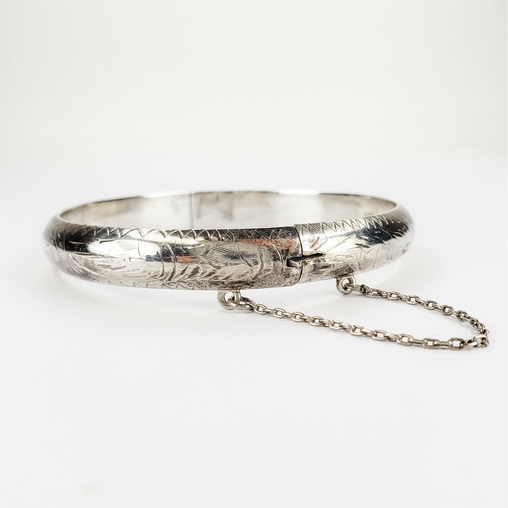 Vintage Sterling Silver 925 Hinged Bangle Bracelet Signed FAS with Safety Chain